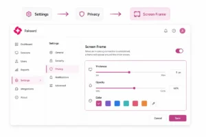 مسیر فعالسازی قاب صفحه راکارد از بخش Settings و Privacy همراه با تنظیم ضخامت، شفافیت و رنگ قاب